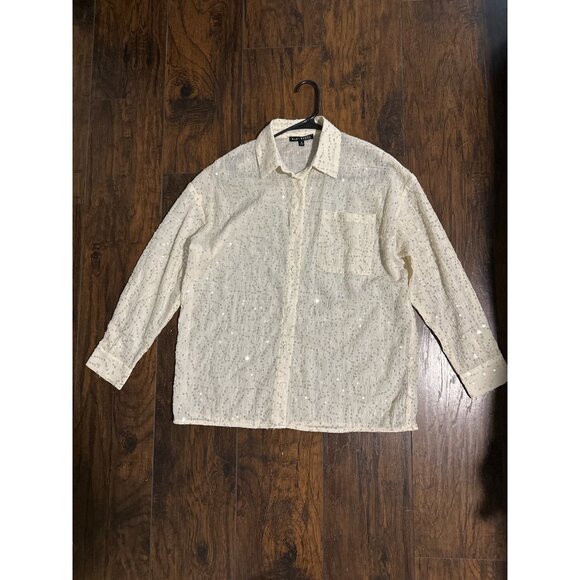 Blue Blush White Sequin Button-Up Collared Shirt Small - Picture 3 of 6